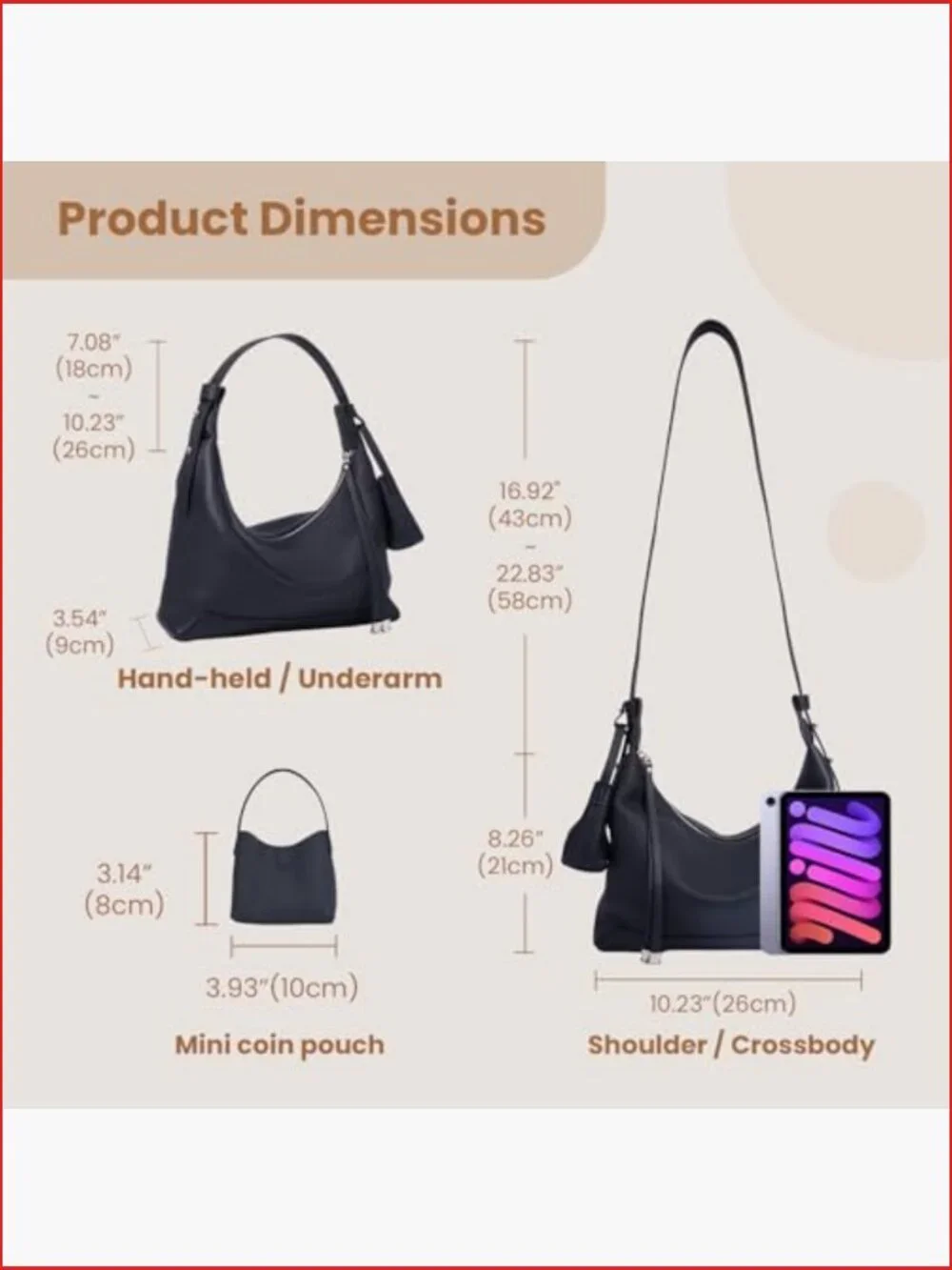 Genuine Leather Crossbody Bag - Slouchy Hobo Purse with Adjustable Strap